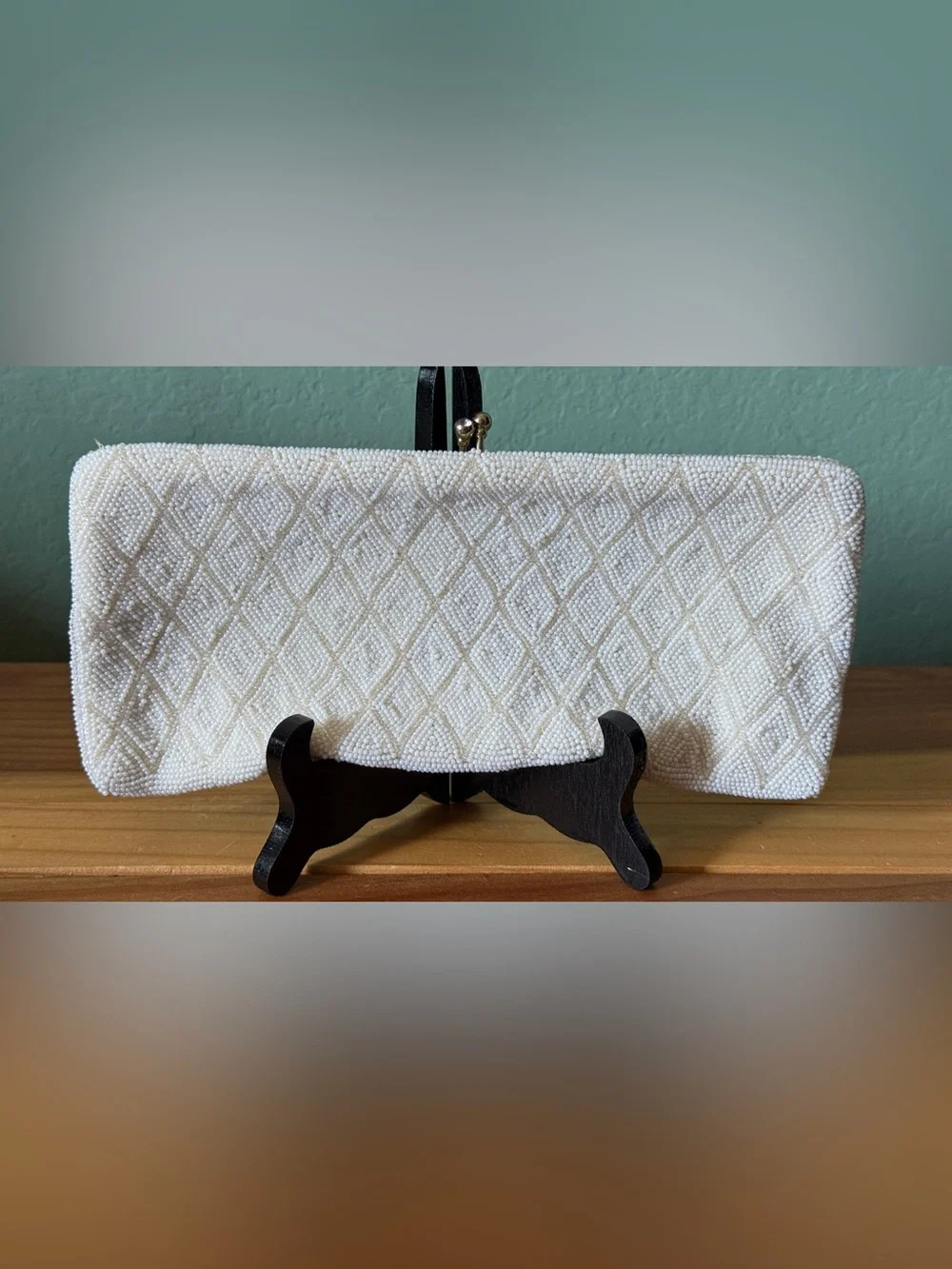 Vintage Richere White Beaded Clutch Hand Made Japan 10” Evening Bag
